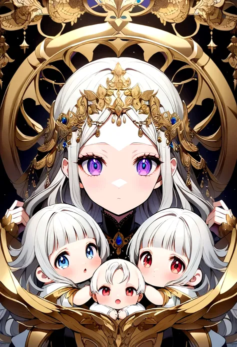 anime style woman ,silver hair golden eyes ,with five silver haired babies,one with blue eyes,another with golden eyes,another with red eyes ,another with purple eyes and the last one with black eyes ,tender and adorable babies 