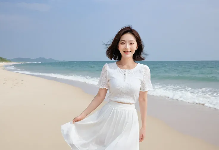 blue，Beach with white waves, Clear picture quality, Beautiful 36-year-old short Korean woman, Chest size 34 inches, Wear white short sleeves and sleeveless tops, lightweight mid length skirt. beautiful pretty woman look , wearing a light skirt , Go far and...