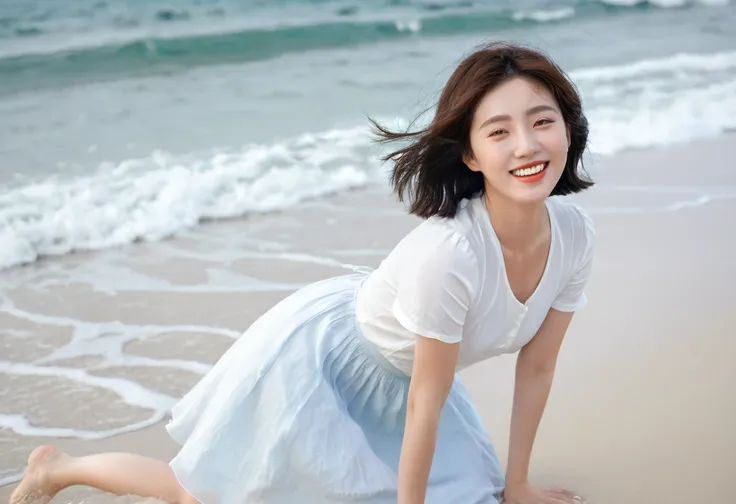 blue，Beach with white waves, Clear picture quality, Beautiful 36-year-old short Korean woman, Chest size 34 inches, Wear white short sleeves and sleeveless tops, lightweight mid length skirt. beautiful pretty woman look , wearing a light skirt , Go far and...