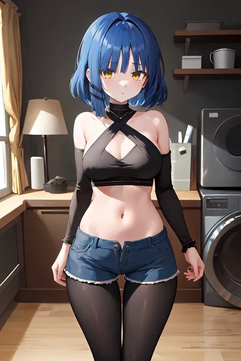 masterpiece, best quality, ultra-high-detailed, 1girl, black top, blue shorts, black pantyhose micro tanding、(Expressionless:1.3), Wide Hips, Thick thighs, (Thigh Gap:1.2), （Big Breasts:1.4),a room、（Being connected by a lead、）（squat:1.4)