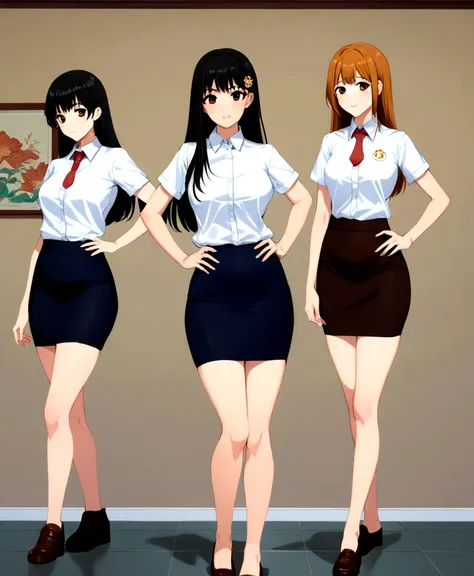 three women in short skirts are standing in a room, jk uniform, mini-skirt, wearing skirt, wearing , pencil miniskirt, miniskirt, wearing honey - themed miniskirt, wearing tight simple clothes, wearing a skirt, short skirt length, full body xianxia, anime ...