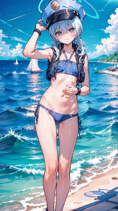 （Extremely detailed CG unified 8k wallpaper),(masterpiece), (Best quality), (Ultra Detailed), (Best Illustration),(The best shadow)，Standing by the sea，Taking off swimming trunks，Smile at me