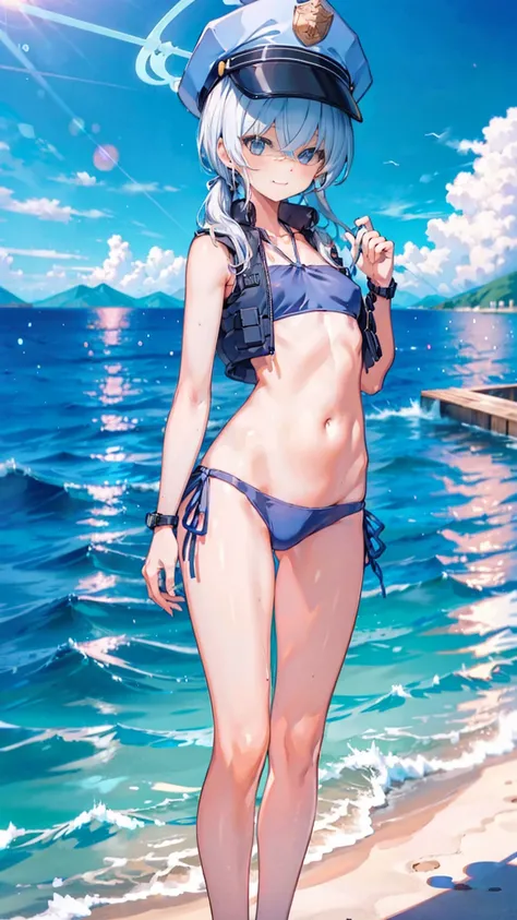 （Extremely detailed CG unified 8k wallpaper),(masterpiece), (Best quality), (Ultra Detailed), (Best Illustration),(The best shadow)，Standing by the sea，Taking off swimming trunks，Smile at me