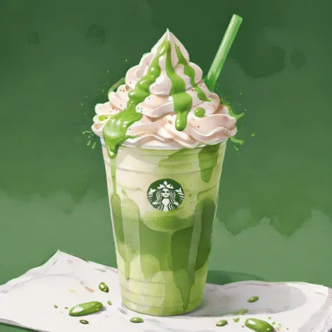 generates a watercolor-style image of a matcha frappuccino, plenty of whipped cream, served in a paper cup. it highlights the cr...