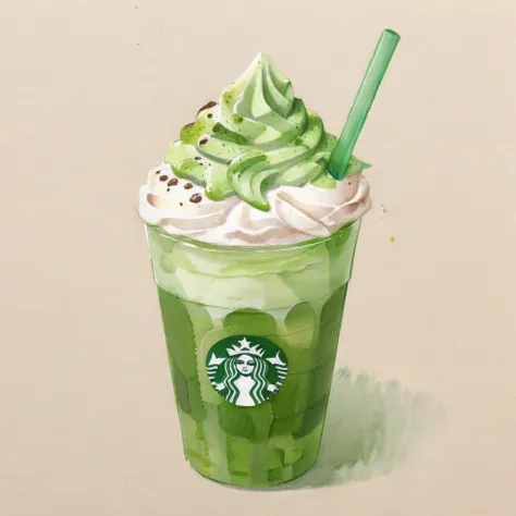 generates a watercolor-style image of a matcha frappuccino, plenty of whipped cream, served in a paper cup. it highlights the cr...