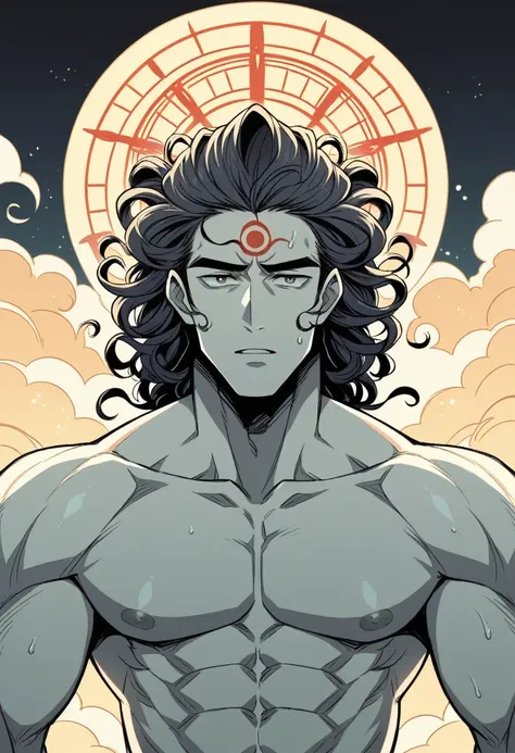 muscular, and strong physique. He is tall and stands with an aura of dignity and grace. His face is radiant, and his complexion is described as a luminous blue color, resembling the color of rain clouds. Ramas eyes are enchanting, with a soothing and compa...