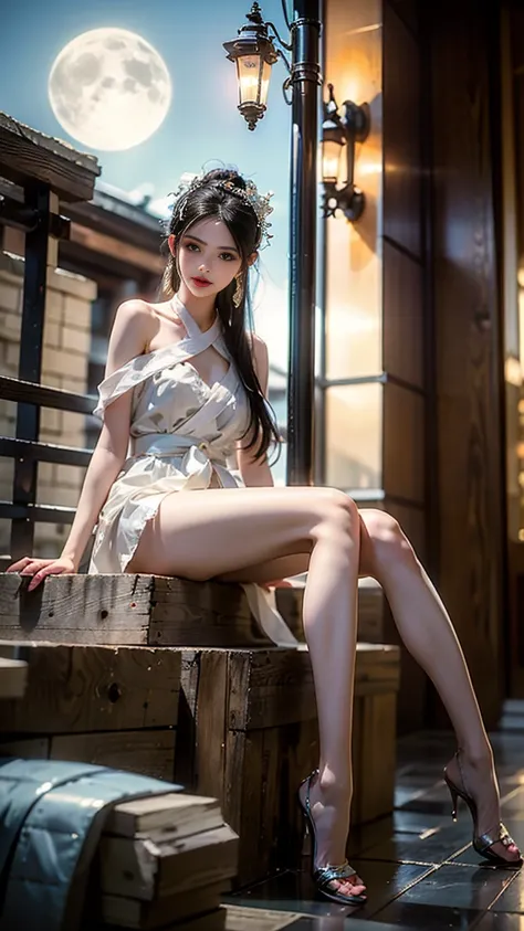 BAINV, (masterpiece, best quality:1.2), 1girl, solo, ((gufeng,bare shoulders)), at the hilltop，Moonlight，((night)), ((full body)), ((from below)), ((sitting position, sitting at the edge of a cliff)), figure of heroine，Slender sexy legs，very beautiful legs...