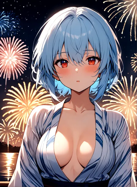 masterpiece, Highest quality, Rei Ayanami, One girl,Beautiful Eyes,Light blue hair,yukata,Upper Body,Open chest,Fireworks display