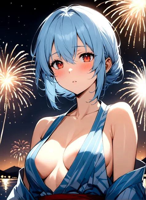 masterpiece, Highest quality, Rei Ayanami, One girl,Beautiful Eyes,Light blue hair,yukata,Upper Body,Open chest,Fireworks display