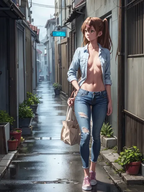 Girl, tight light blue jeans, Unbuttoned shirt on a naked body, Bare breasts, chest visible, street  background, Narrow passage between houses, night, rain, slim body, In full growth, Sneakers, slim ass, small breast 