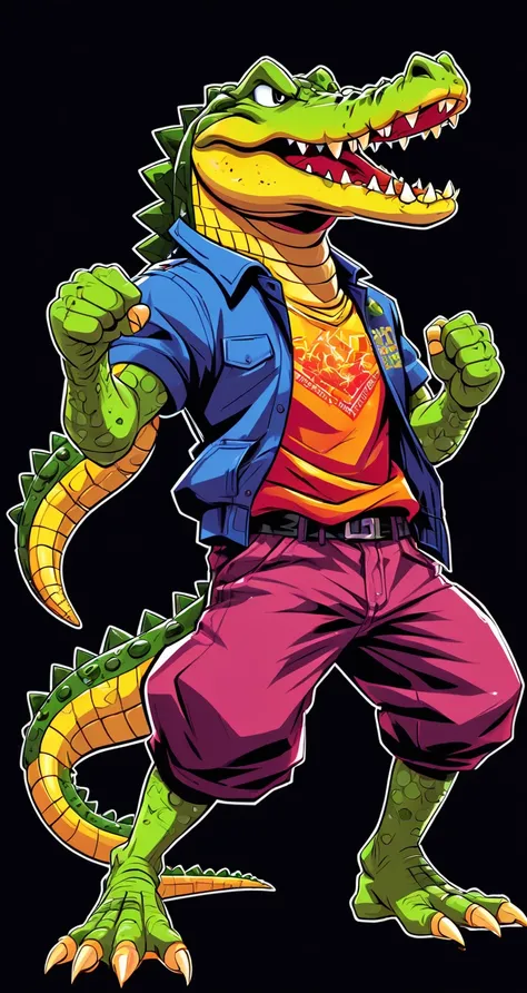 fighting game style crocodile, hip-hop style, t shirt design, flat-colors, vectorial art,  ((black backdrop)) . dynamic, vibrant...