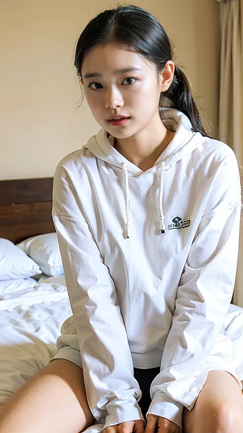 ((( masterpiece, highest quality))), ((girl)),、14 years old、cute、black hair、long hair、low ponytail、wearing a black hoodie and un...