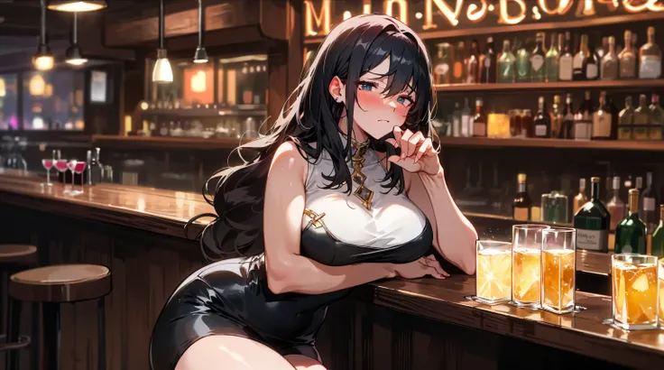 （best quality，masterpiece：1.2，details，4K），38 year old woman with sad expression，Drunk，blush，A glass of wine in hand,(Perfect hand structure)，Looking at the camera， Striking a seductive pose, Black hair，Full figure，Big breasts，Big Ass，Glowing skin，Backgroun...