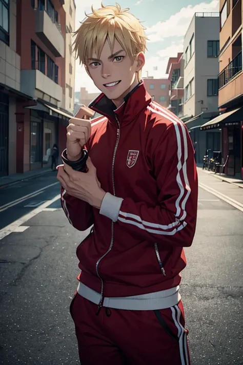 Male,blonde hair,red tracksuit,mad grin,holds cursed katana,parking lot background,engulfed in dark energy