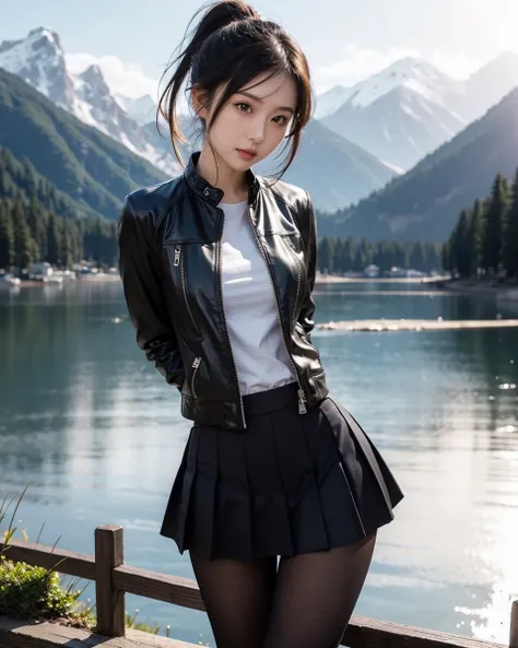 Beautiful Japanese waifu, early 30s, brunette hair, black jacket, pleated skirt, ankle high boots 