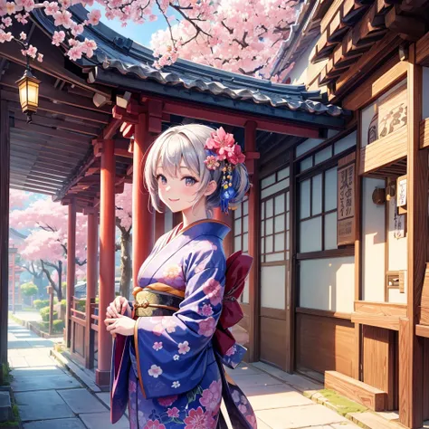 high res, masterpiece, 1girl, kimono, flower pattern, smiling, cherry blossom, traditional Japanese street, Japanese pagoda, blue sky