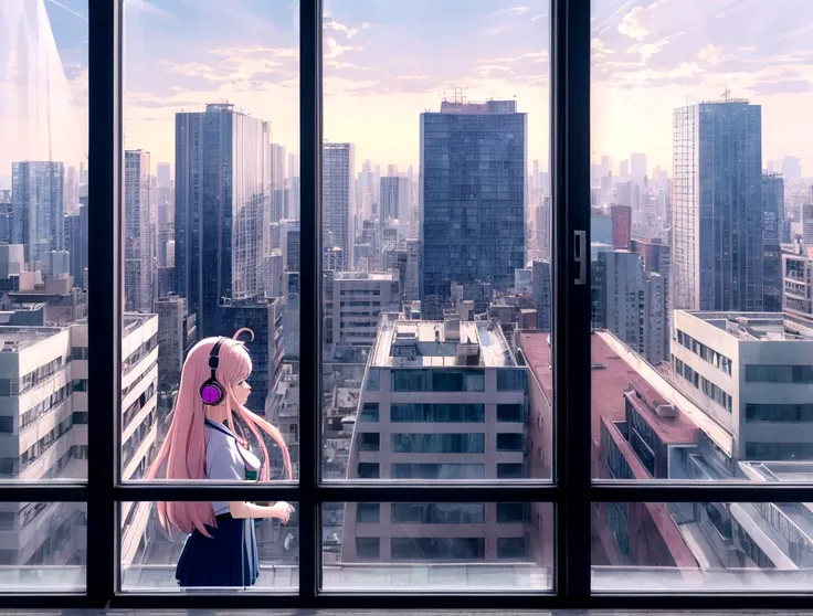 Anime girl wearing headphones and looking out the window at the city, Large room with big windows, light pink long hair, Lo-fi Girl, Kaisei and Artgelm, Anime atmosphere, Lofi Artstyle, Anime Style 4k, Anime Aesthetics, Lo-fi feeling, Lofi Art, anime art w...