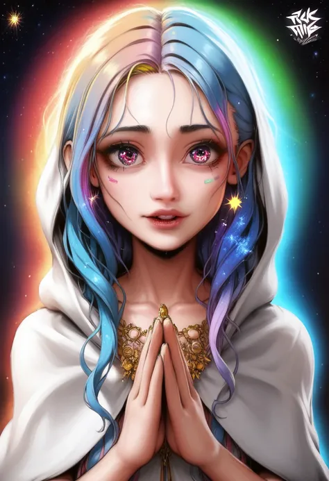 (masterpiece, top quality, best quality, official art, beautiful and aesthetic:1.2), (1girl), extreme detailed, (fractal art:1.3), colorful, highest detailed, perfect face, upper body, HDR, (praying:1.3), (white cloak golden lines:1.2), galaxy, (light stre...