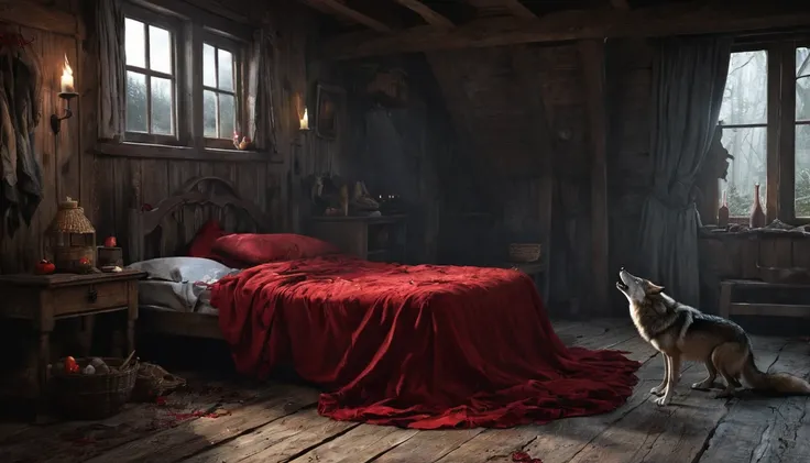 Create a digital artwork depicting the aftermath of the wolf devouring Red Riding Hood. The scene should be inside the grandmothers rustic cottage, with the bed in disarray and subtle hints of the struggle. Show pieces of red cloak on the floor. Closeup of...