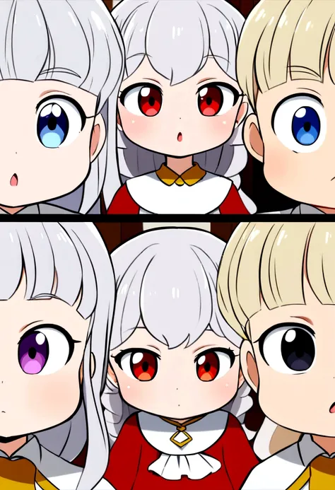 Cute babies Quintilliso identical anime style ,silver hair ,three girls (girl 1 with black eyes,girl with 2 purple eyes ,girl with 3 blue eyes )and two children(boy 1 red eyes,boy with 2 golden eyes )