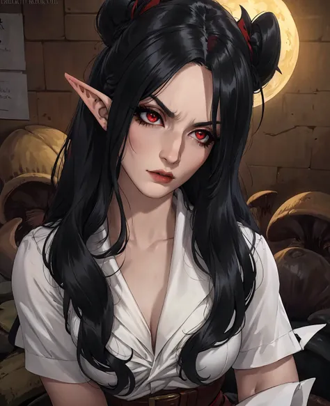 a devilish woman with long black hair,pale skin,red eyes,pointed ears,wearing an intricate elf-like costume,in a dark mysterious fantasy forest,moonlight,glowing mushrooms,(best quality,4k,8k,highres,masterpiece:1.2),ultra-detailed,(realistic,photorealisti...