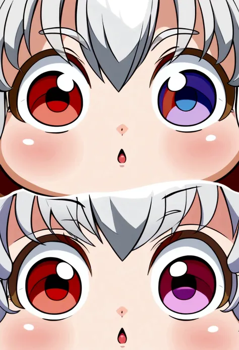 Cute babies Quintilliso identical anime style ,silver hair ,three girls (girl 1 with black eyes,girl with 2 purple eyes ,girl with 3 blue eyes )and two children(boy 1 red eyes,boy with 2 golden eyes )