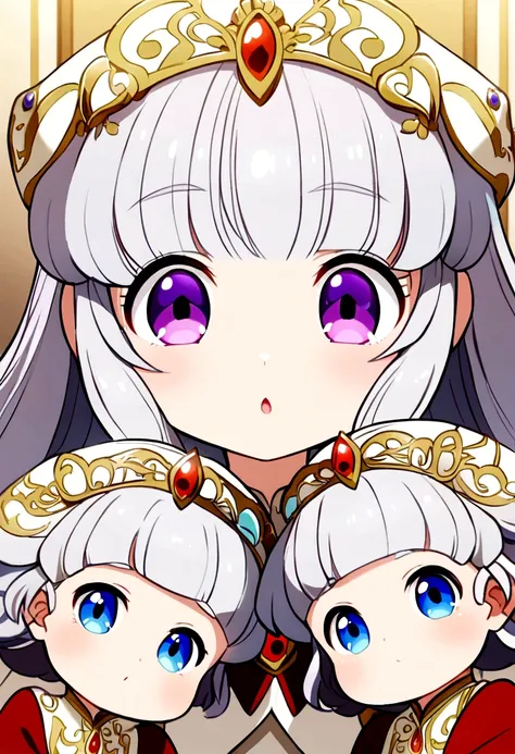 Cute babies Quintilliso identical anime style ,silver hair ,three girls (girl 1 with black eyes,girl with 2 purple eyes ,girl with 3 blue eyes )and two children(boy 1 red eyes,boy with 2 golden eyes )