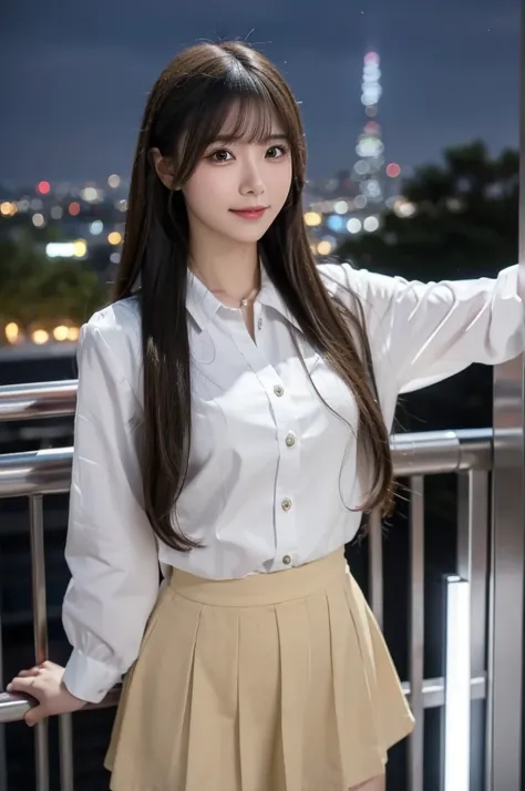 (masterpiece:1.3), (best quality:1.1), (8k, ultra detailed, ultra high res:1.2), ((anime style)), perfect 5 fingers, perfect anatomy, on right, 
1girl, A-line skirt, Beige skirt, blouse, black blouse, 
BREAK long hair, wavy hair, black hair, 
(small breast...