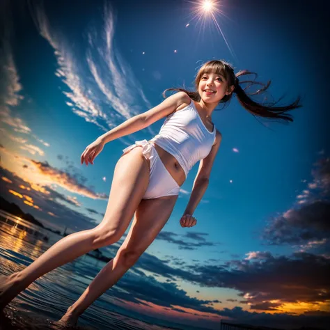 ((ExtremelyDetailed ( KAWAII Girl Floating:1.37) in WHITE at Dusk Enoshima Beach)), (masterpiece 8K TopQuality) (ProfessionalPhoto:1.37), {(Standing Full Body:1.2)|(from below:1.2)}, Different types of hair colors, {(White skinny(School Swimwear))|(SchoolU...