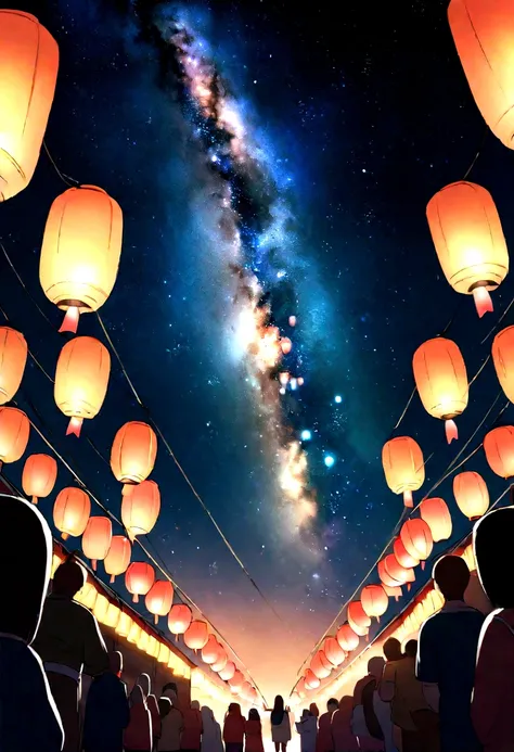 Summer festival、Japan、Bon dance、milky way、The composition ratio of the sky is 60%、No people、The number of lanterns６t