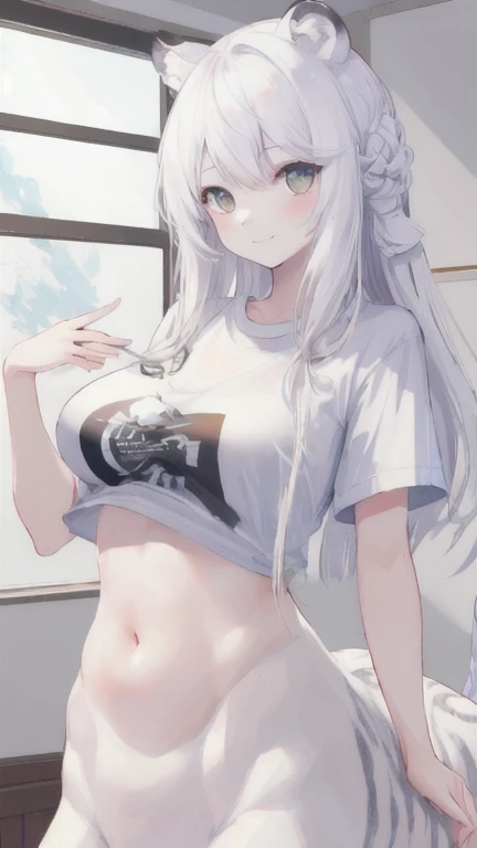 (best quality, masterpiece), 1 girl, centaur, It takes, White skin, Korean ,Smiling,exposing the abdomen,belly button t-shirt, 아름다운 소녀 perfect white tiger photo, perfect white tiger photo