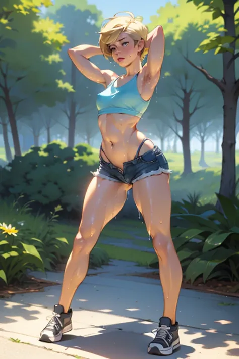 in a park, short pixie cut, blonde, blue eyes., tying her hair, ((small breasts, armpits, cameltoe)), sneakers, (((full body view))), daisy dukes, bralette, beautiful face, thick eyebrows, fat ass, soft muscles, shiny skin, sweat drips