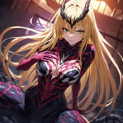 ((Highest quality)), ((masterpiece)), (detailed), （Perfect Face）、The Venom woman is Tearju, a green-eyed, blonde, medium-long-haired female Venom, whose body has been completely transformed into Venom and who is wearing a Venom suit that fits her entire bo...