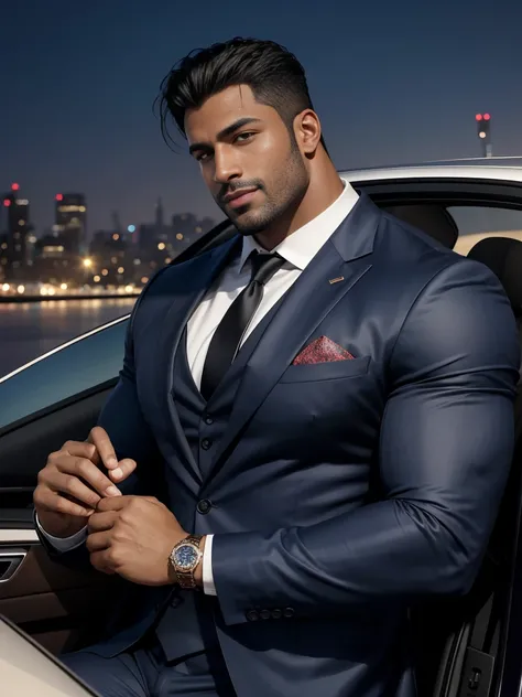 8K，8K resolution，2 Muscular Europeans, handsome man，charming eyes，dark skin,beautiful, smooth and shiny，Full muscles，Thick body hair， (wearing a stylish suit)，big bag highlights，Excellent j8，emphasize，Driving a luxury convertible，The car is full of roses，T...