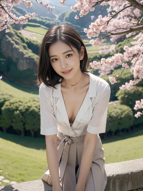 Drooping collar, A slightly visible bra under the shirt,Looking down,Leaning forward,(((A small valley is visible))),skirt,One girl, Looking_in_Audience, smile, Japan, Tokyo, Cherry Blossom, Octane Rendering, 一人in, Very skinny,V-neck　business suit,A neat i...