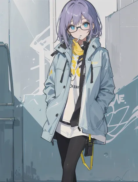 Design a cool girl with glasses, a jacket, and a cigarette. She has a confident and stylish appearance with a modern, urban look. Her glasses are trendy, complementing her sharp features and expressive eyes. She wears a fashionable jacket, either leather o...