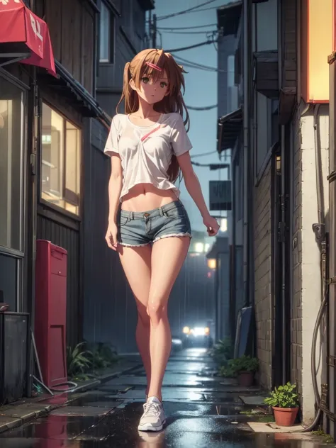 Girl, tight shorts, Unbuttoned shirt on a naked body, Bare breasts, chest visible, street  background, Narrow passage between houses, night, rain, slim body, In full growth, Sneakers, slim ass, small breast 