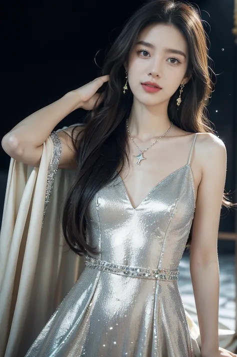 (((best quality))),(((ultra detailed))),(((masterpiece))),illustration,((A beautiful female astrologer,solo)),((slim,thin)),((small breasts,flat chest)),((shoulder length straight hair)),(laughing:1.2),(earrings,necklace),(sparkled sheer shirt-dress:1.3),s...