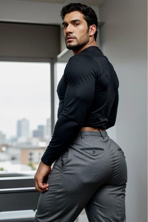 A Hispanic black man with a face that looks like Henry Cavill. black man, His body is muscular and he has a toothed beard..  Big Butt, in a moment of reflection. full body. Black Fajada shirt, semi formal clothing, grey pants, backside. 