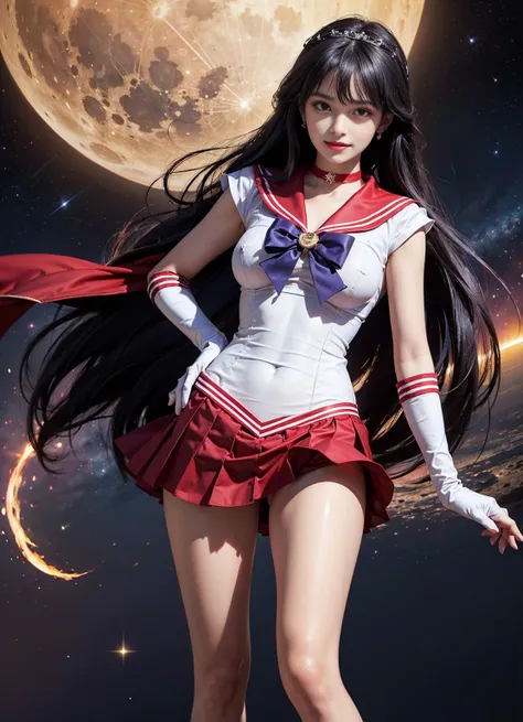 (((nsfw)))､1 Girl,Long Hair, (high quality,8K,Black Hair, Realistic, 最high quality, Purple dyed hair, Purple Hair, lumasterpiece,Very detailed, Confused)1.5,((Summer 1, tiara, Sailor Warrior Uniforms, White gloves, Red Sailor Collar, Red Skirt)),City of ni...