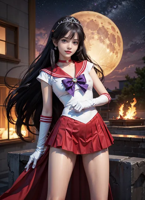 (((nsfw)))､1 Girl,Long Hair, (high quality,8K,Black Hair, Realistic, 最high quality, Purple dyed hair, Purple Hair, lumasterpiece,Very detailed, Confused)1.5,((Summer 1, tiara, Sailor Warrior Uniforms, White gloves, Red Sailor Collar, Red Skirt)),City of ni...