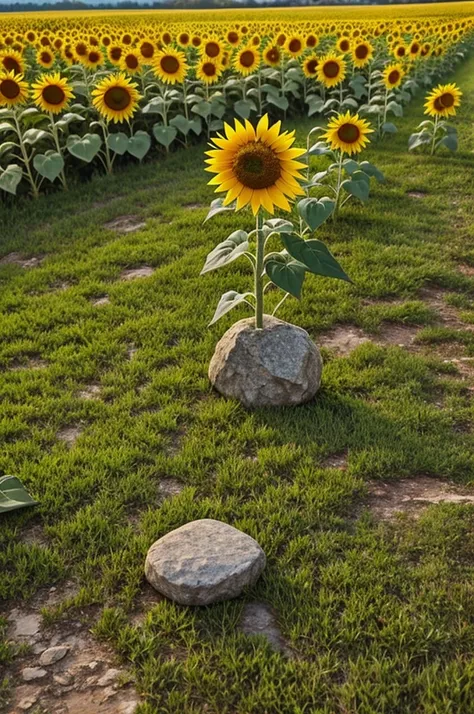 Small rock on a field with sunflowers