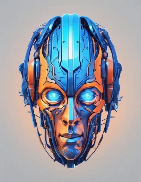 Cyber god logo, Translucent head, Silicon Neuron, Mechanic Brain, Cyberpunk orange and neon blue colors, Modern, colorful 