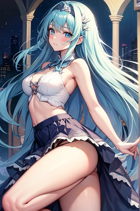 Highly detailed, high quality, masterpiece, beautiful, (all photographic shot), girl student girl, aqua character, perfect eyes, beautiful eyes, pretty eyes, clear eyes, blushing face, happy face, big thighs, with headband, medium chest, long hair, sexy, s...