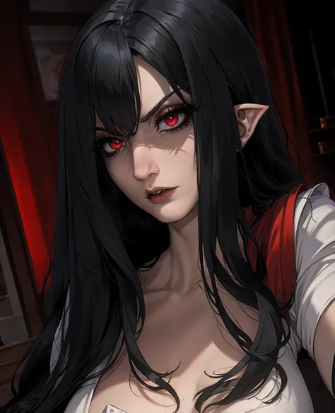 a devilish woman with black hair, pale skin, and red eyes, wearing an elf-like costume, in a dark and mysterious setting, 1woman, detailed face, beautiful detailed eyes, beautiful detailed lips, extremely detailed eyes and face, long eyelashes, dark fantas...