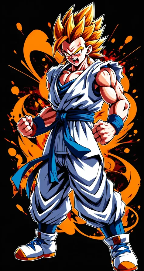 Gogeta style fighting game, Hip-Hop Style, t shirt design, flat-colors, vectorial art,  ((black backdrop)) . dynamic, Vibrant, full of action, detailed character design, reminiscent of fighting video games