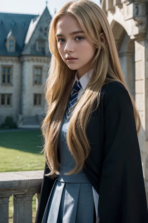 best quality, 8k, very delicate and beautiful, highly detailed face and skin texture, shiny skin, high resolution, beautiful blond long hair teenage girl wearing black hogwarts uniform and blue stripes stand in front of castle, revenclaw, sharp focus