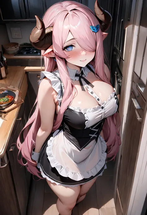 The perspective of this image is from several feet away and gives a full body view of Narmaya. Narmaya is standing in a living room. She is wearing a French maid outfit that leaves little to the imagination. Her expression is extremely seductive and confid...