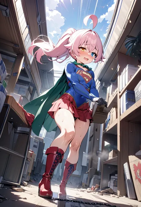 (full body), (masterpiece:1.2), (Highest_quality:1.2), (Ultra_detailed:1.3), 8K, Low - Angle，From below， 1 Girl，alone，大きなButtの女の子, red knee high long boots，wearing spcc costume with cape，( Supergirl), Blue leotard，Red mini skirt，Red Cape，gloves，hoshino-pon...