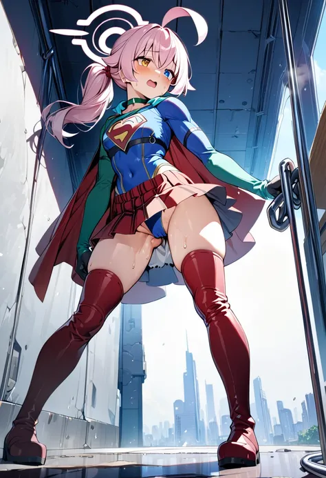 (full body), (masterpiece:1.2), (Highest_quality:1.2), (Ultra_detailed:1.3), 8K, Low - Angle，From below， 1 Girl，alone，大きなButtの女の子, red knee high long boots，wearing spcc costume with cape，( Supergirl), Blue leotard，Red mini skirt，Red Cape，gloves，hoshino-pon...